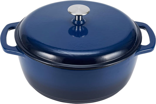 Amazon Basics Enameled Cast Iron Dutch Oven Pot with Lid, Round, Dual Handles, Heavy-Duty, Oven Safe for Stews, Roasting, Baking, 6-Quart, Navy