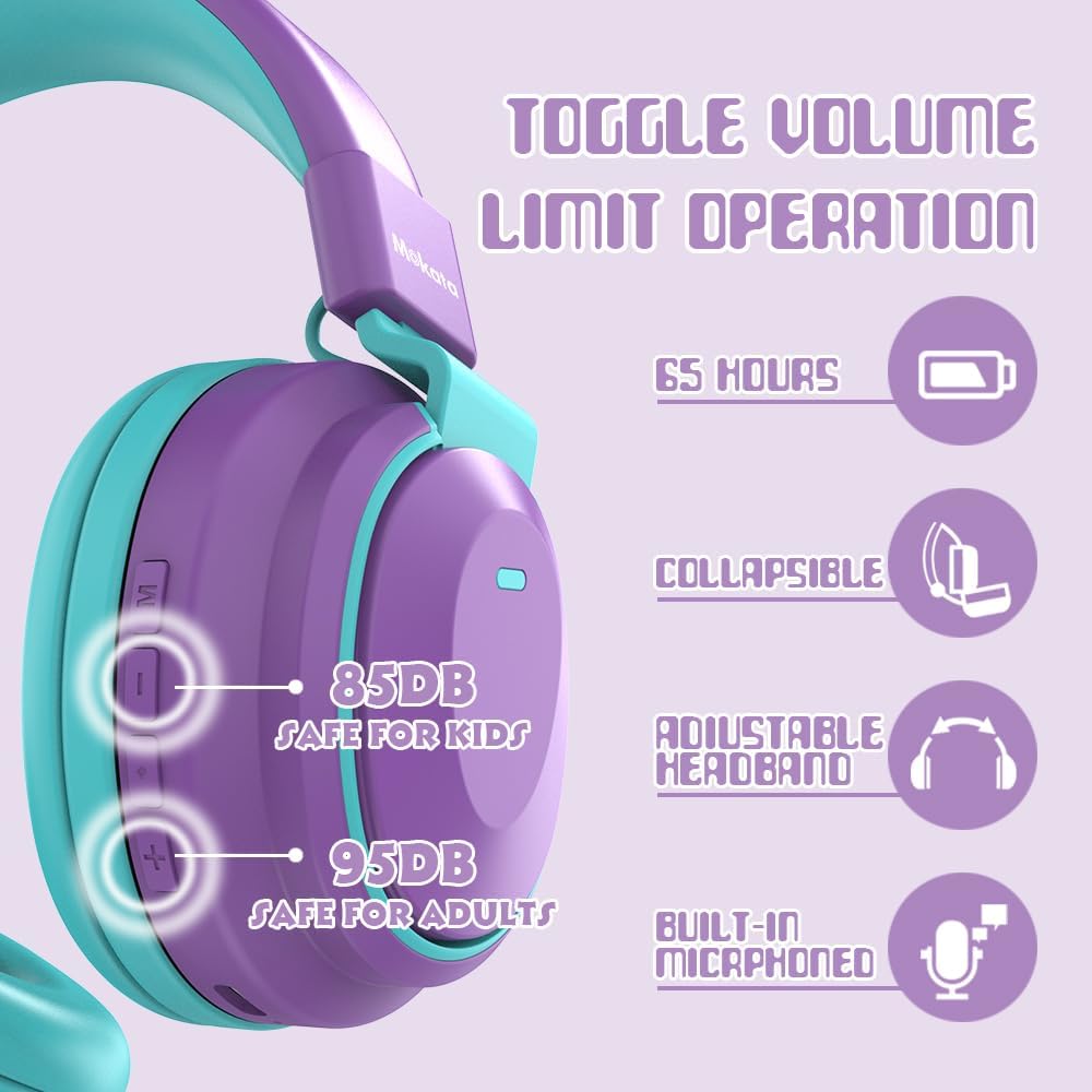 Mokata Kids Headphones Bluetooth 5.3 Wireless Lightweight Fast Charging 68 Hours Play Time Volume Limited 85/94dB Over Ear Foldable with Built-in Mic for Toddler Boy Girl Tablet Pad Purple