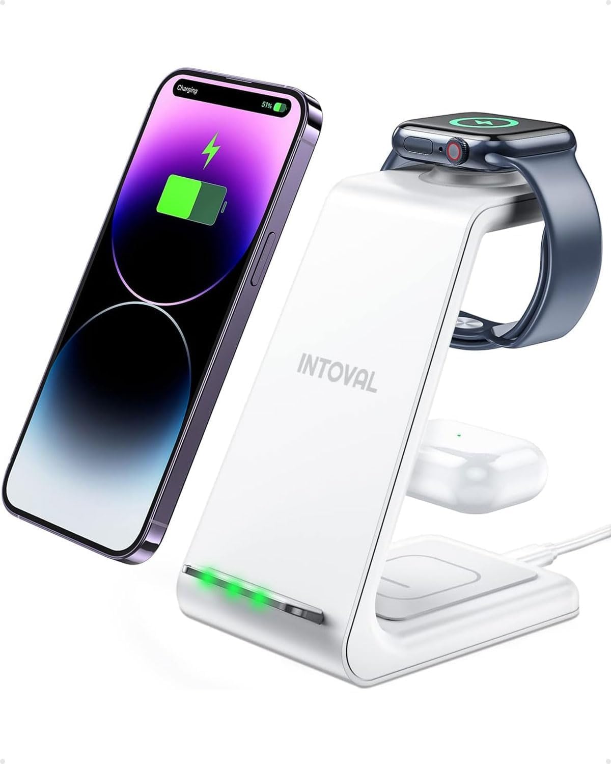 Intoval 3 in 1 Wireless Charging Station for iPhone and Apple Watch,Fast Wireless Charger Stand,Compact Desk Charging Dock for iPhone17 16 15 14 13/Pro/Max, iWatch11 10 9 Ultra/SE 3/4,AirPods