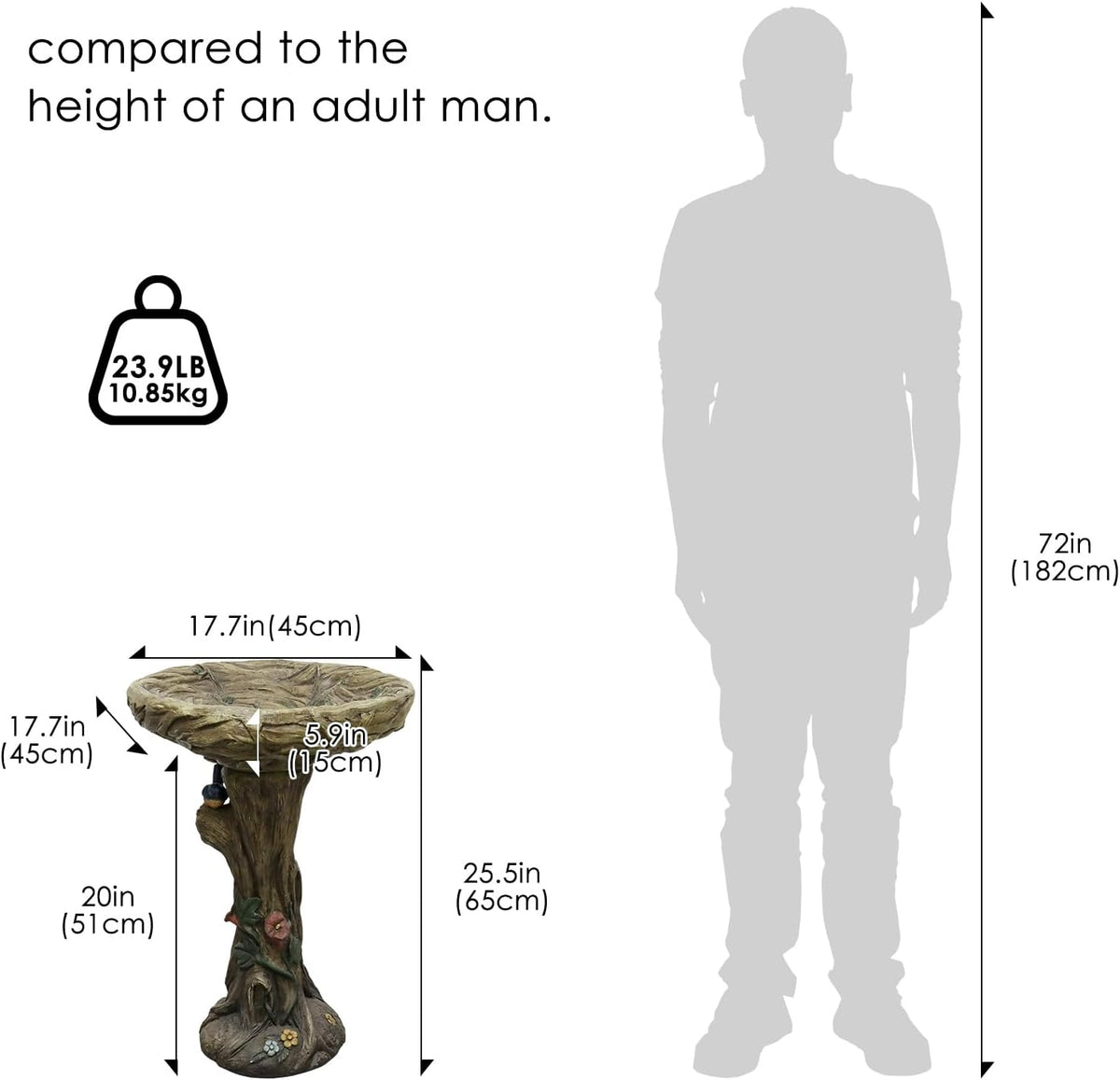 SunJet 25.5 Inch Heigh Wood-Look Concrete Bird Bath with Decorative Faux Bird – birdbath Rustic & Long-Lasting Design, Enhances Garden, Patio, Yard, Lawn Décor