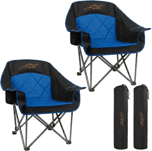 FAIR WIND 2 Pack Oversized Padded Camping Chair Heavy Duty Quad Fold Arm Chair Portable for Outdoor - Support 500LBS, Blue