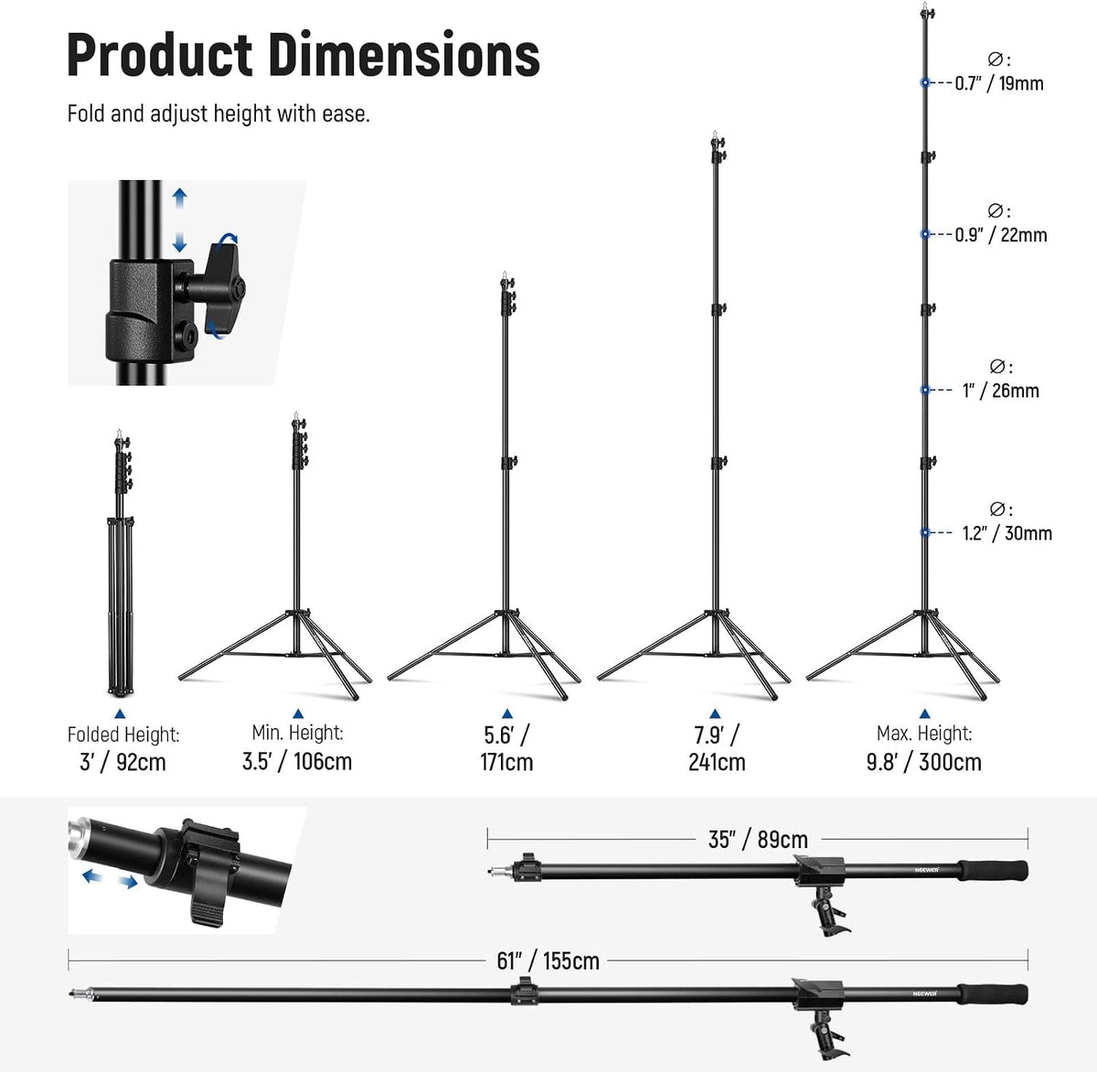 NEEWER Air Cushioned Aluminum Light Stand, 9.8ft/3m Adjustable Photography Stand with Boom Arm, Counterweight, Sandbag, 1/4" Screw for Softbox, Studio Flash, Umbrella, Ring Light, Max Load 5kg
