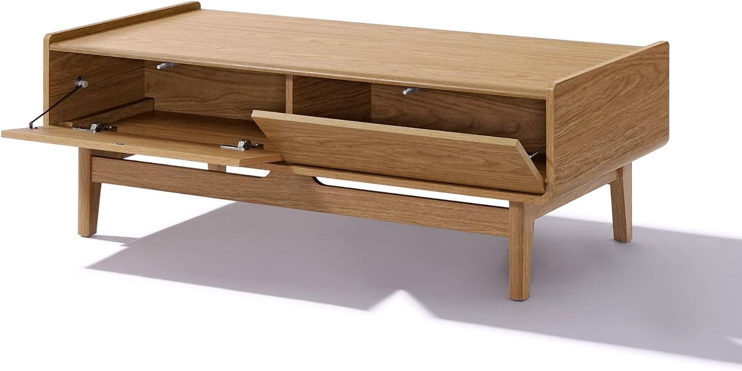LuxenHome 47" Coffee Table with Storage, Oak Center Table for Living Room | Summer Oak Mid-Century Design, Round Edge Space-Saving Rectangular Top, Tapered Legs, Versatile Home Office Use