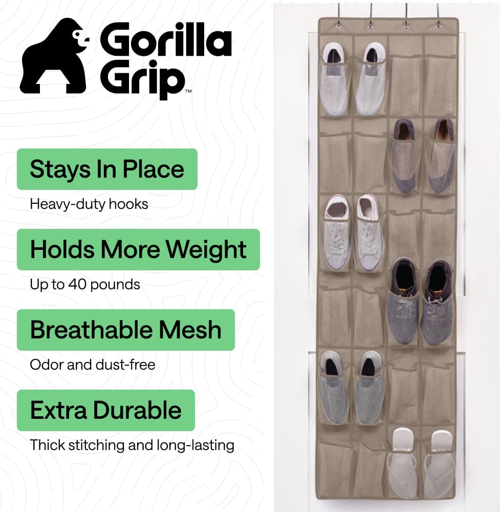 GORILLA GRIP Over the Door Shoe Organizer, 24 Large Breathable Mesh Pockets, Space Saving Hanging Storage Holder, Closet Rack Hanger Holds Up to 40 lbs, Hangs on Closets for Shoes, Accessories, Beige
