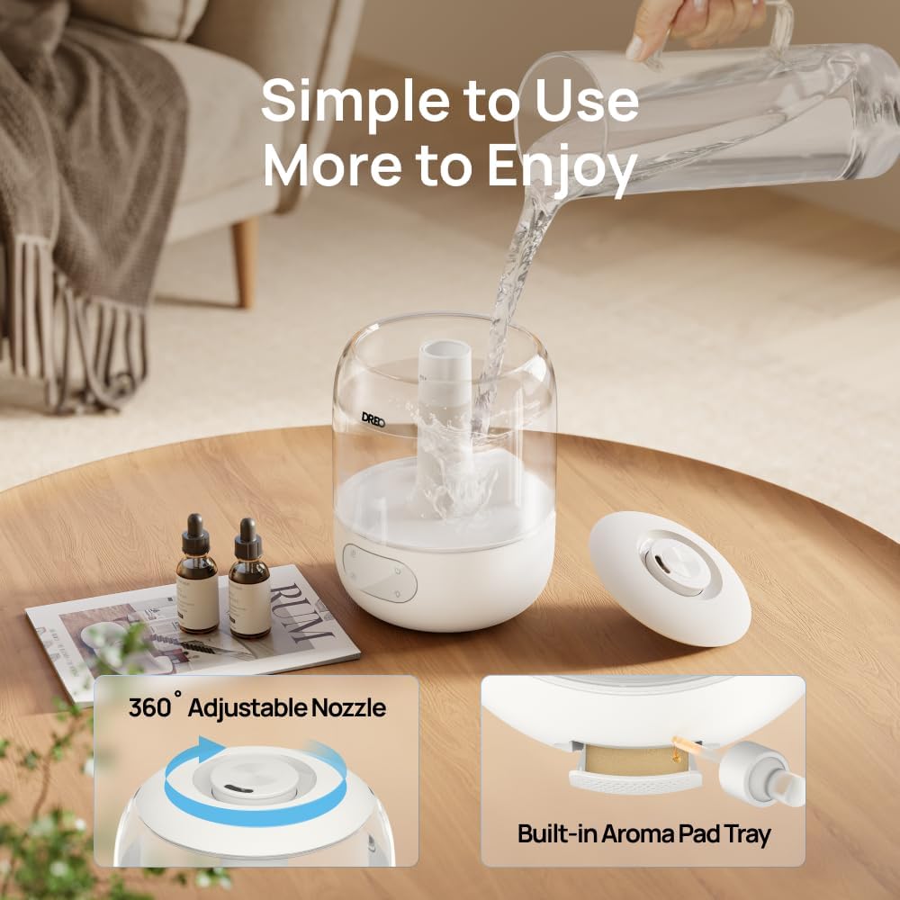 DREO Humidifiers for Bedroom, 3L Top Fill 30H & 26dB Quiet Runtime for Large Room, Cool Mist Ultrasonic Humidifier with Humidity Sensor, Night Light for Home, Baby, Nursery, Plants, New Edition