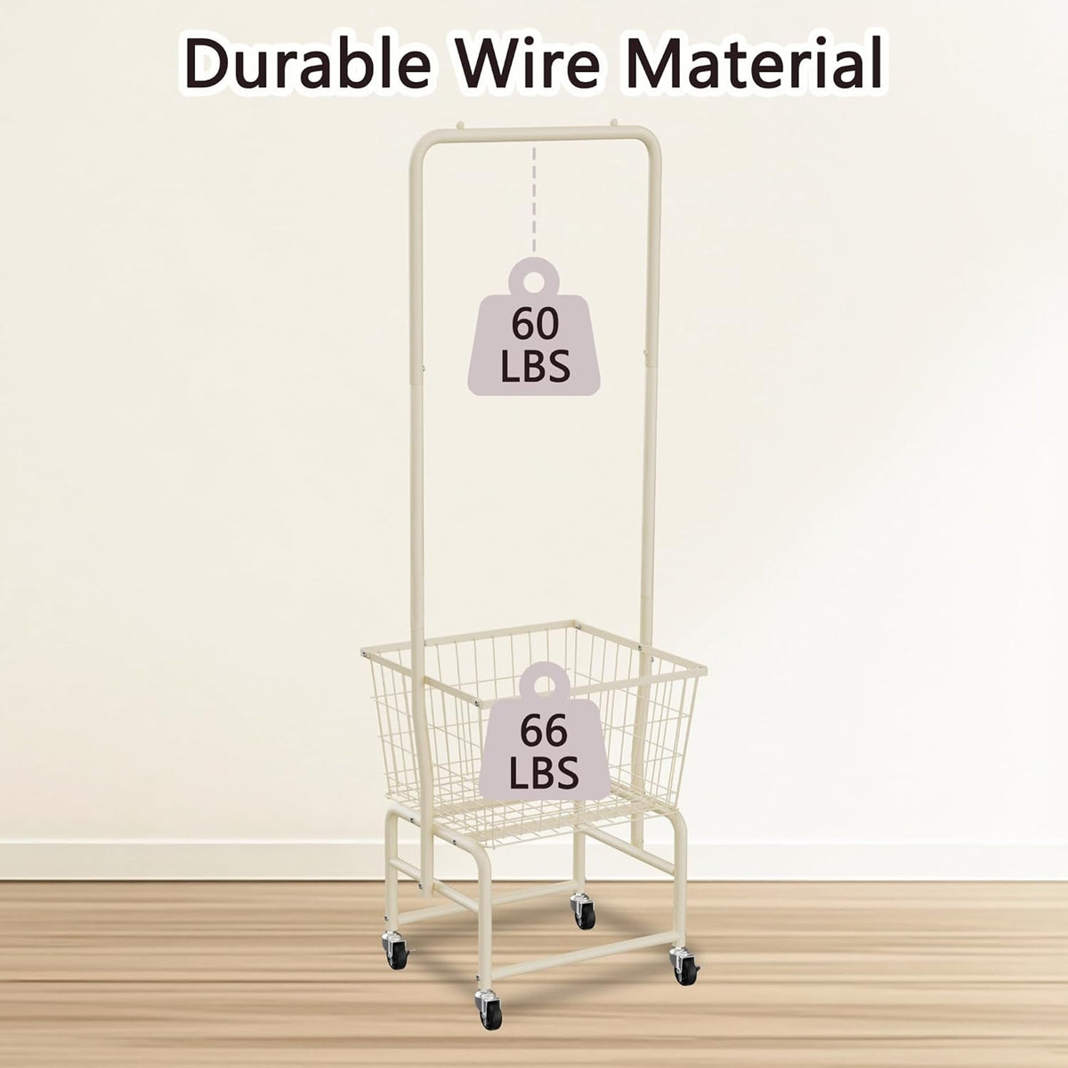 Rolling Laundry Cart with Wheels, Laundry Hamper Basket Organizer with Clothes Hanging Rack, Wire Storage Cloth Shelf Butler, Cream