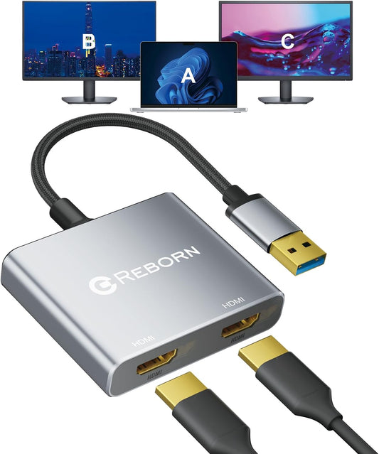 Reborn USB-A to Dual HDMI Adapter, Extended Display for Dual Monitor