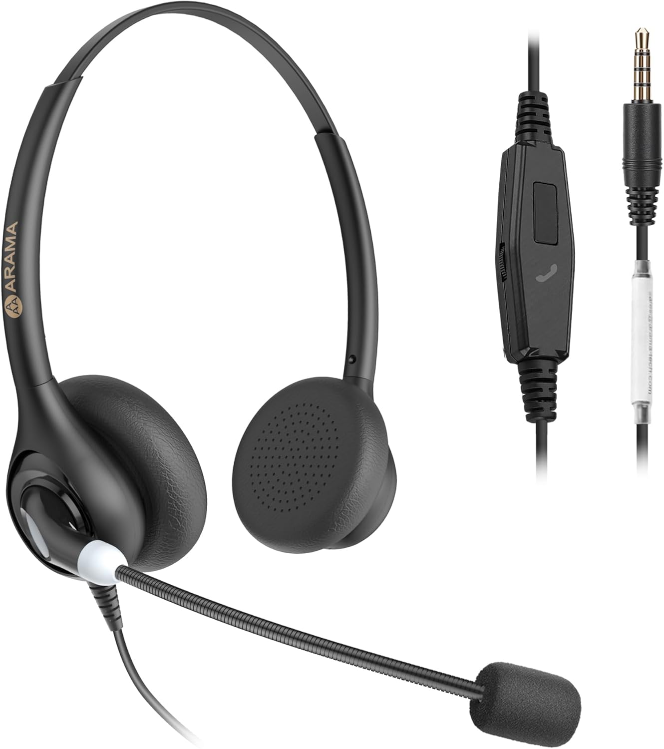 Arama Cell Phone Headset w/Lightweight Secure-Fit Headband, Pro Noise Canceling Mic and in-line Controls, 3.5mm Wired Headphones for iPhone, Samsung, LG, HTC, BlackBerry Mobile Phone and iPad Tablet