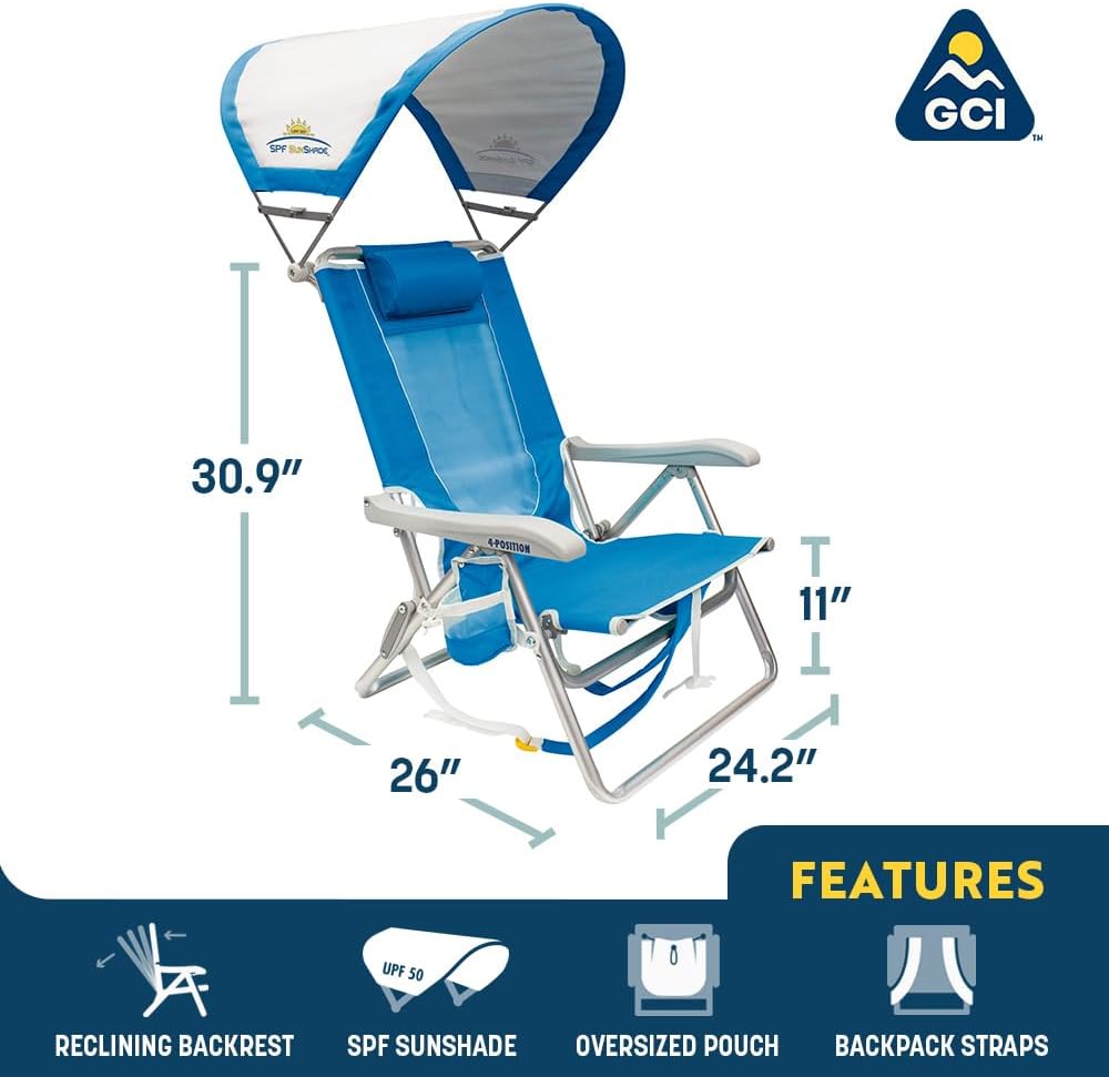 GCI Outdoor Sunshade Backpack Beach Chair | Reclining Folding Canopy Chair with Durable Armrests, Drink Holder & Carry Straps, Perfect for Beach Trips & Picnics — Saybrook Blue
