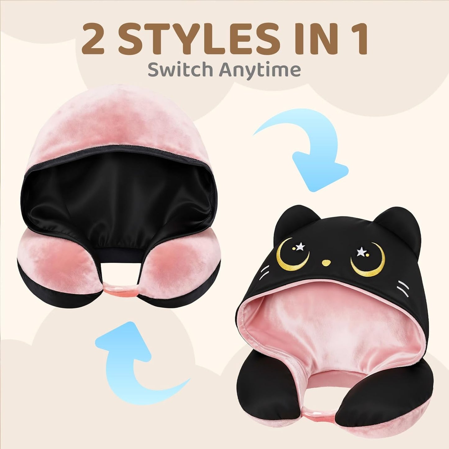 Mewaii Travel Neck Pillow with Hood for Airplanes,Memory Foam,Breathable Ice Silk & Soft Velvet,Double-Sided,Removable to Clean,Adjustable Strap,Portable Travel Pillow for Long Flights Adults & Teens