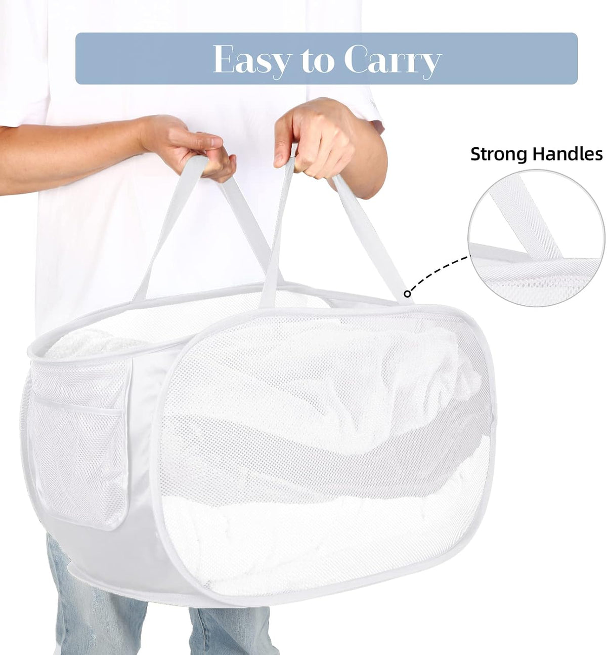 4 Pack Foldable Laundry Basket Hamper, Collapsible Laundry Baskets with Pocket, Mesh Pop Up Laundry Hamper, Clothes Hamper with Reinforced Handles for Laundry, Bathroom, Kids Room, Dorm or Travel