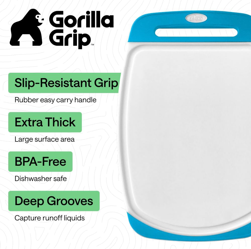 GORILLA GRIP BPA-Free Reversible Kitchen Cutting Board Set of 3, US Designed, Nonporous, Juice Grooves Catch Liquid, Slip Resistant Border, Dishwasher Safe, Durable Large Food Chopping Boards, Aqua