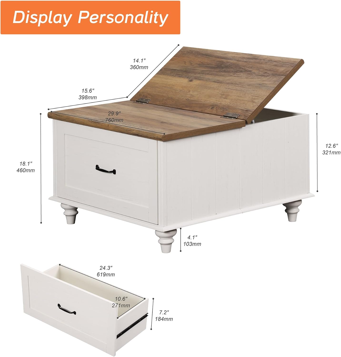 WAMPAT Farmhouse Lift Top Coffee Table with Storage Cabinet, Square Coffee Table with Large Drawer, Wooden Center Table for Living Room, Home, Office, Off White
