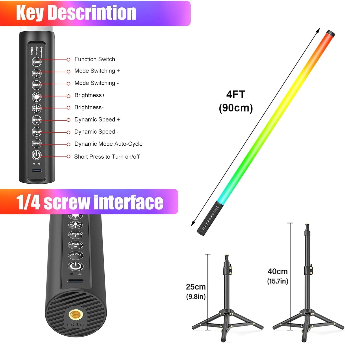 LUXCEO 2Pack 90cm RGB Tube Light Bar (3Ft) with Light Stand, 2.4G Remote Control, 5000 mAh Battery Powered LED Video Light Wand Stick for DJ Lighting, Dance Club and Photography Lighting