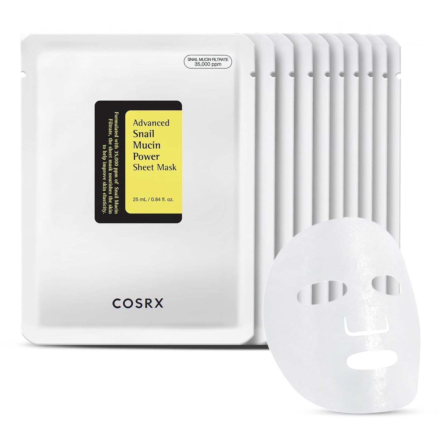 COSRX Snail Mucin Sheet Mask 10 EA with Snail Mucin Serum, Hydrating Face Sheet Masks for Dry & Sensitive Skin, Korean Face Mask, Korean Skin Care