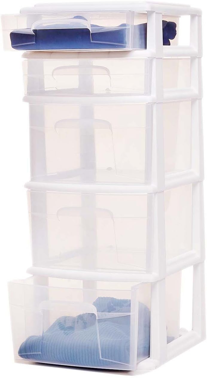 HOMZ 2-Pack Drawer Tower, 5-Tier Clear Plastic Storage Organizer Unit, White Frame - Multi-Purpose Container Drawers for Kitchen, Bathroom, and Office Organization