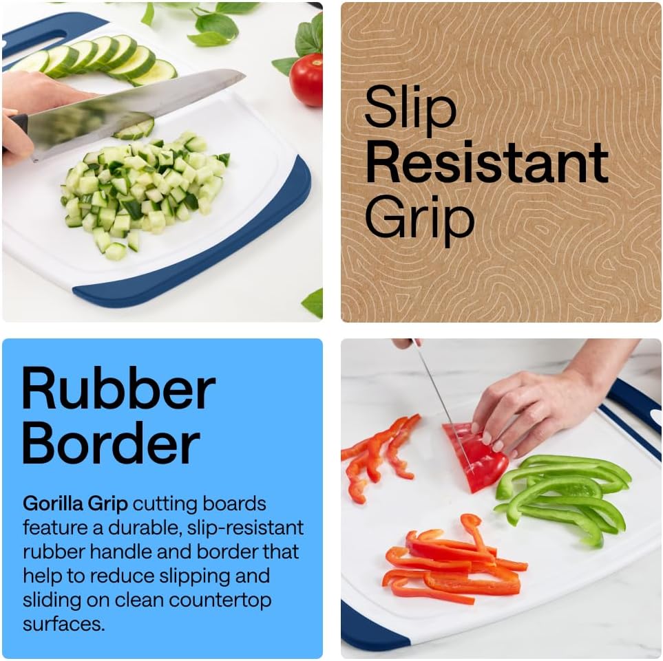 GORILLA GRIP BPA-Free Reversible Kitchen Cutting Board Set of 3, US Designed, Nonporous, Juice Grooves Catch Liquid, Slip Resistant Border, Dishwasher Safe, Durable Large Food Chopping Boards, Blue