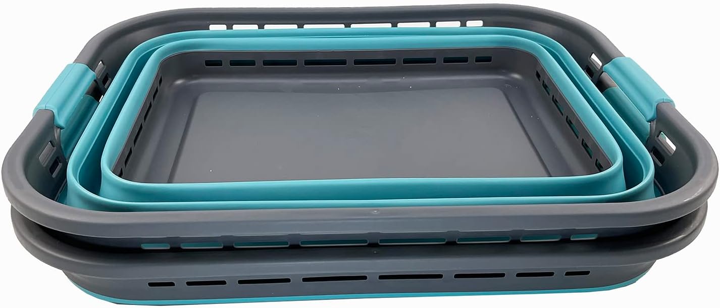 SAMMART 42L (11 Galloons) Collapsible Plastic Laundry Basket - Foldable Pop Up Storage Container/Organizer - Portable Washing Tub - Space Saving Hamper/Basket[BPA Free] (Grey/Crystal Blue (Set of 2))
