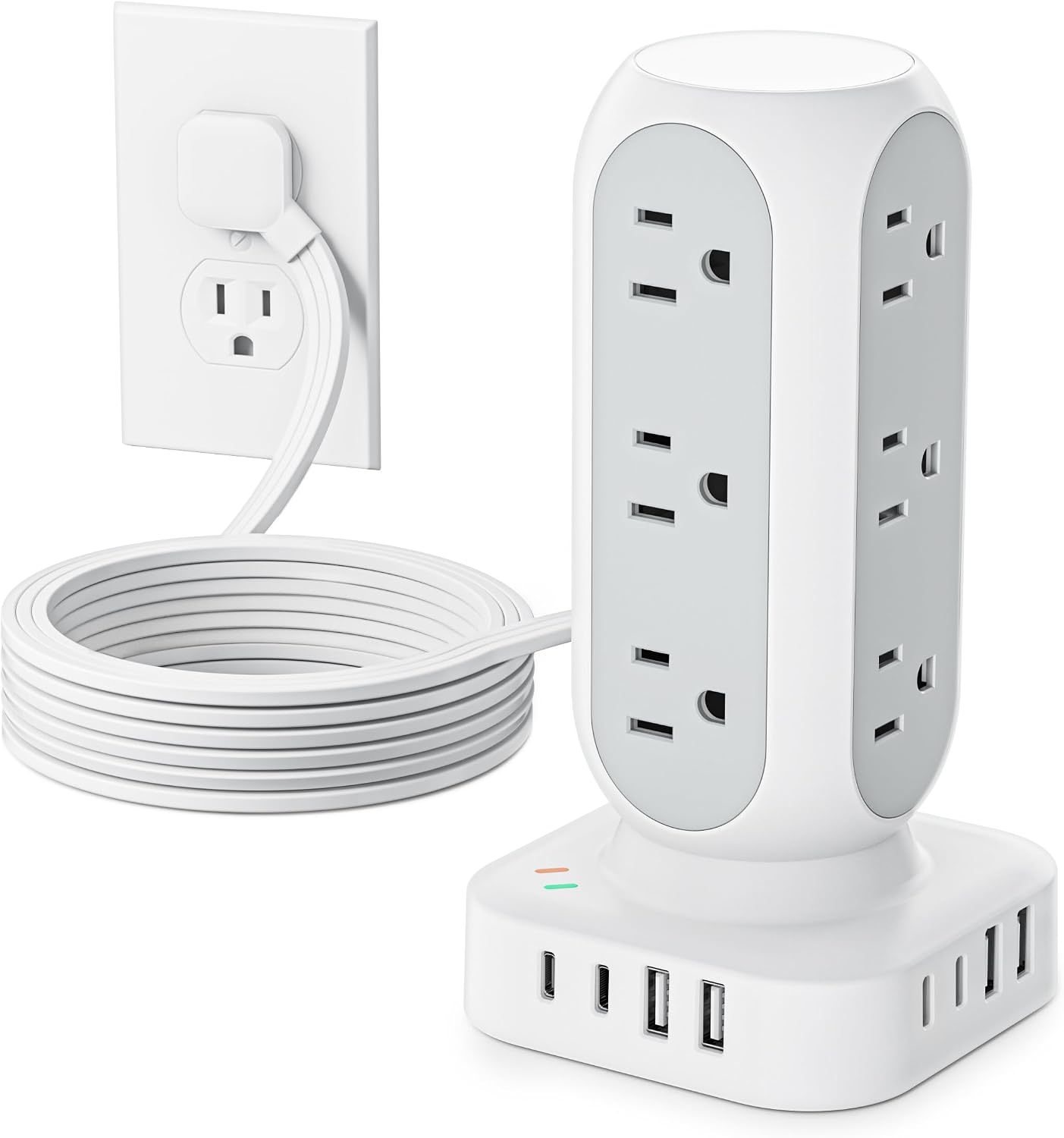 TenTrend Power Strip Tower, Flat Plug Charging Tower, 5 FT Extension Cord | 12 AC Outlets & 8 USB Ports (4USB-C), Charging Station for Home, Office, Dorm Room