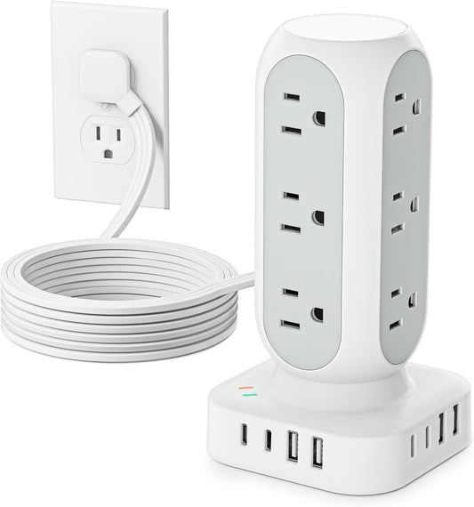 TenTrend Power Strip Tower, Flat Plug Charging Tower, 5 FT Extension Cord | 12 AC Outlets & 8 USB Ports (4USB-C), Charging Station for Home, Office, Dorm Room