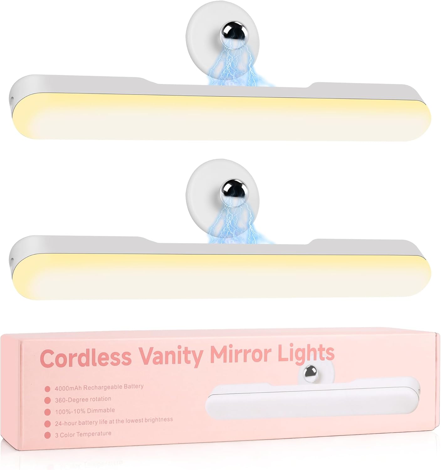 cambk Set of 2 Wireless Vanity Makeup Lights for Mirror, Stick On Rechargeable Light Bar for Bathroom Mirror with 3 CCT&Dimmable, Cordless Battery Operated Touch Control Lighting