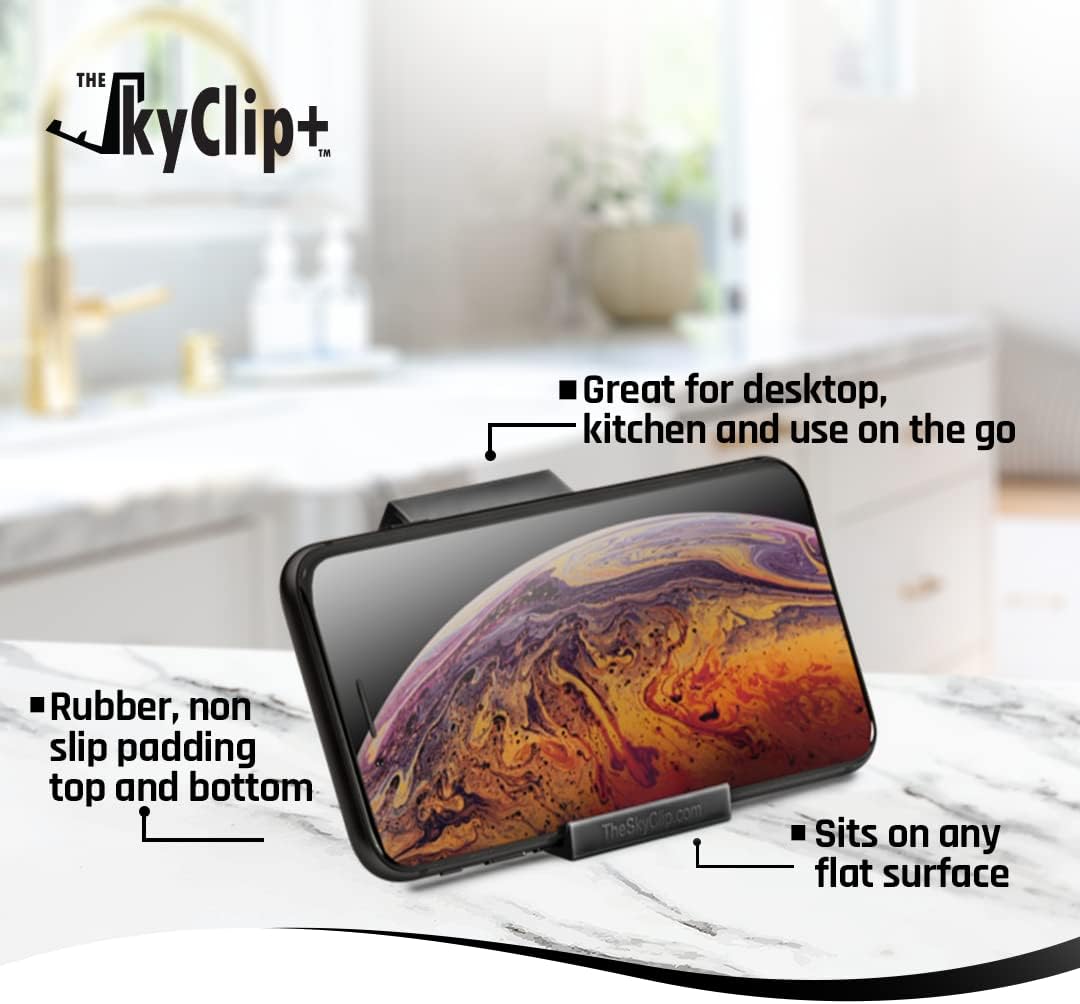 The SkyClip+ Phone & Tablet Holder for Air Travel, Home and Office Use - Inflight Phone Mount & Stand Compatible with iPhone, Android, Kindle and Tablets - Ultimate Travel Accessory (Black)