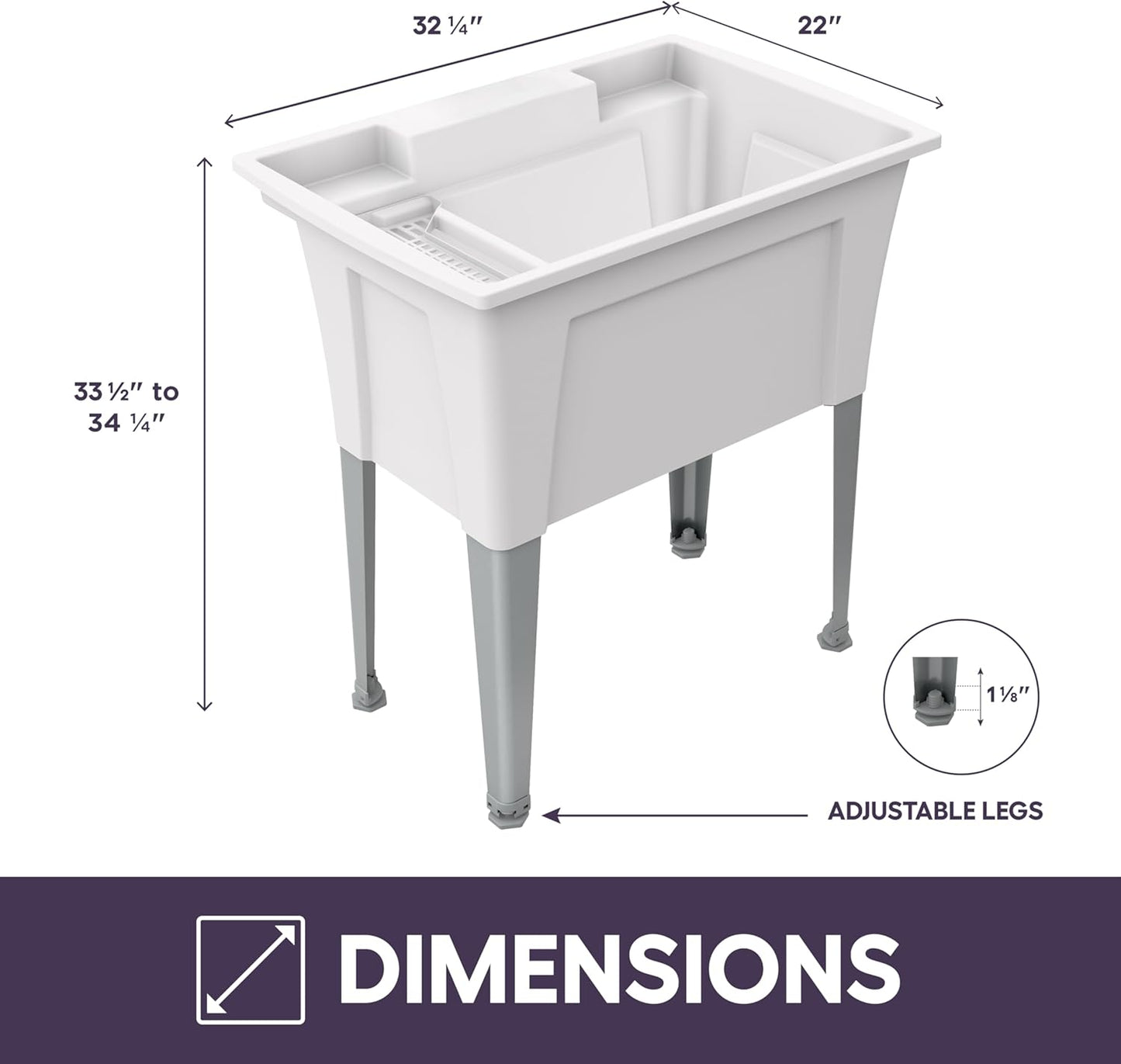 Freestanding Utility Sink with Gooseneck Faucet - 32" Plastic Utility Sink with Steel Legs for Garage, Laundry, Indoor and Oudoor Use - Laundry Tub Kit by Noah William Home - White (25.6 gal)
