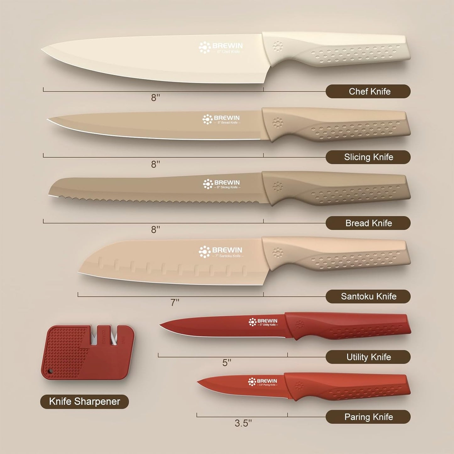 Brewin Knife set, 13 Pieces Kitchen Knives Set with Sharpener, Anti-Rust Coating and Blade Guard, Home Essentials, Camping Essentials - Muliticolor