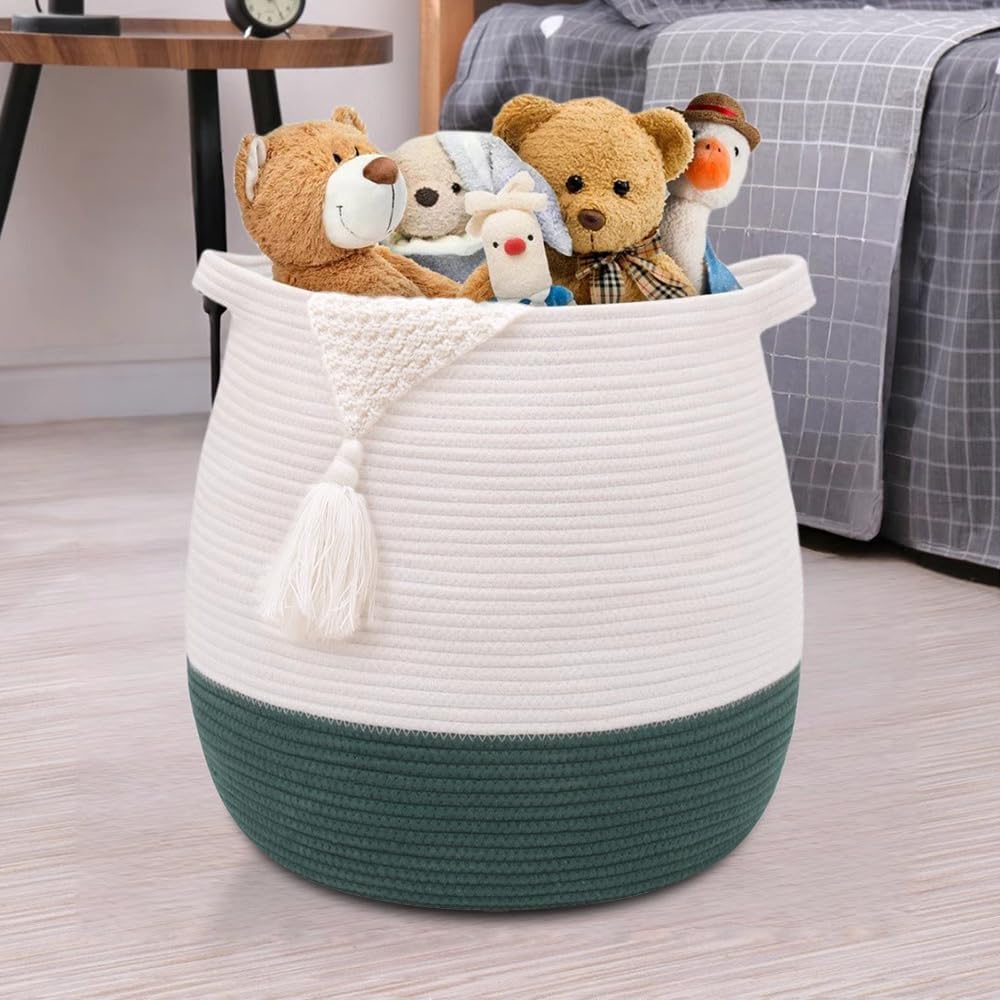 Large Cotton Rope Basket, Woven Storage Basket for Toy, Laundry and Blanket Organizer, Round Hamper Basket with Handles for Kid's Room 17.7"x16.9"