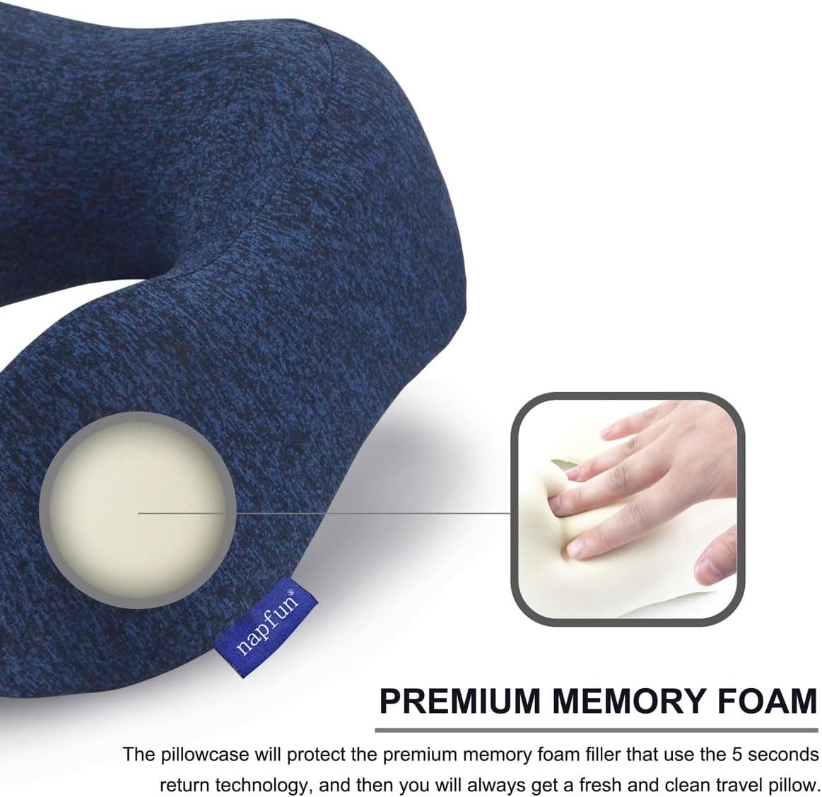 napfun Neck Pillow for Traveling, Upgraded Travel Neck Pillow for Airplane 100% Pure Memory Foam Travel Pillow for Flight Headrest Sleep, Portable Plane Accessories, Blue