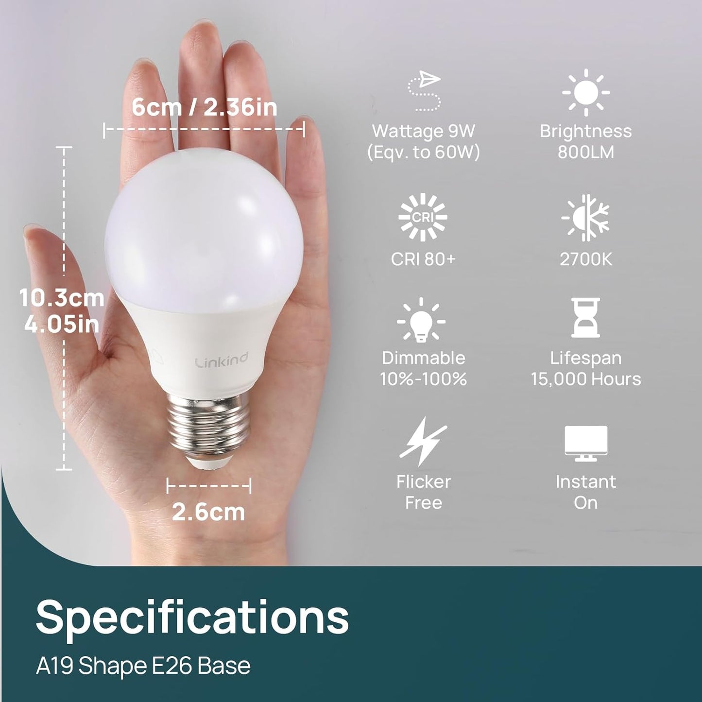 Linkind A19 LED Light Bulbs Dimmable, 60W Equivalent, Energy Efficient 9W, 2700K, 800 Lumens, E26 Standard Base, Lighting for Bedroom Living Room Home Office, 6 Packs