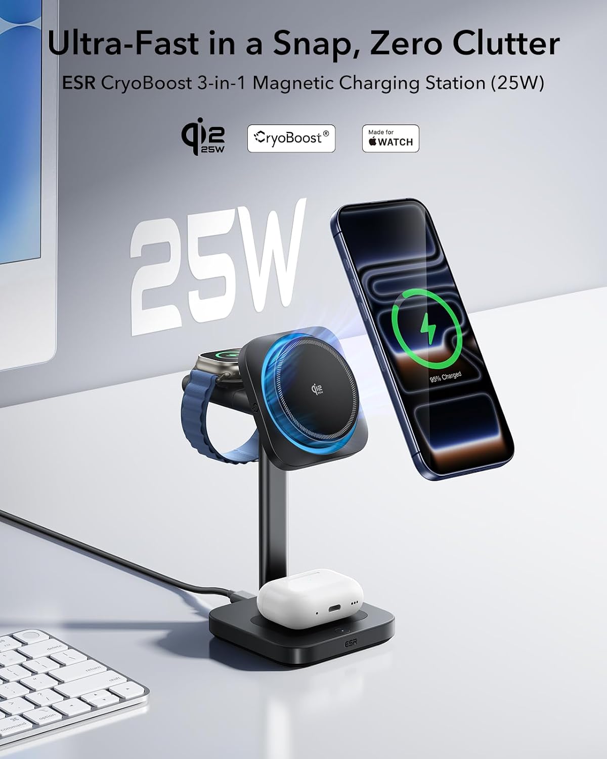 ESR 3 in 1 Charging Station, Qi2.2 Certified for iPhone 17/16 with iOS 26 | 25W MagSafe Charger Stand w/Cryoboost, Phone Cooling Wireless Charger, for AirPods & Apple Watch, Fast Charging Dock