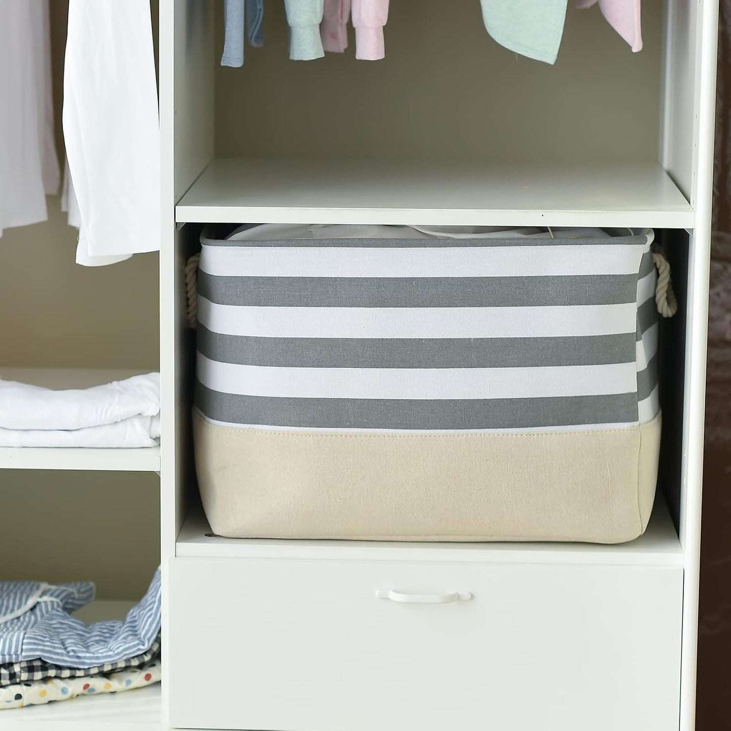 TheWarmHome Jumbo Storage Bins Baskets, Sturdy Fabric Organizing Basket W/Handles, Decorative Foldable Storage Baskets for Shelves Closet Nursery Toy (Grey&White Stripes 3 Pack, 20.5Lx15.7Wx13.8H in)