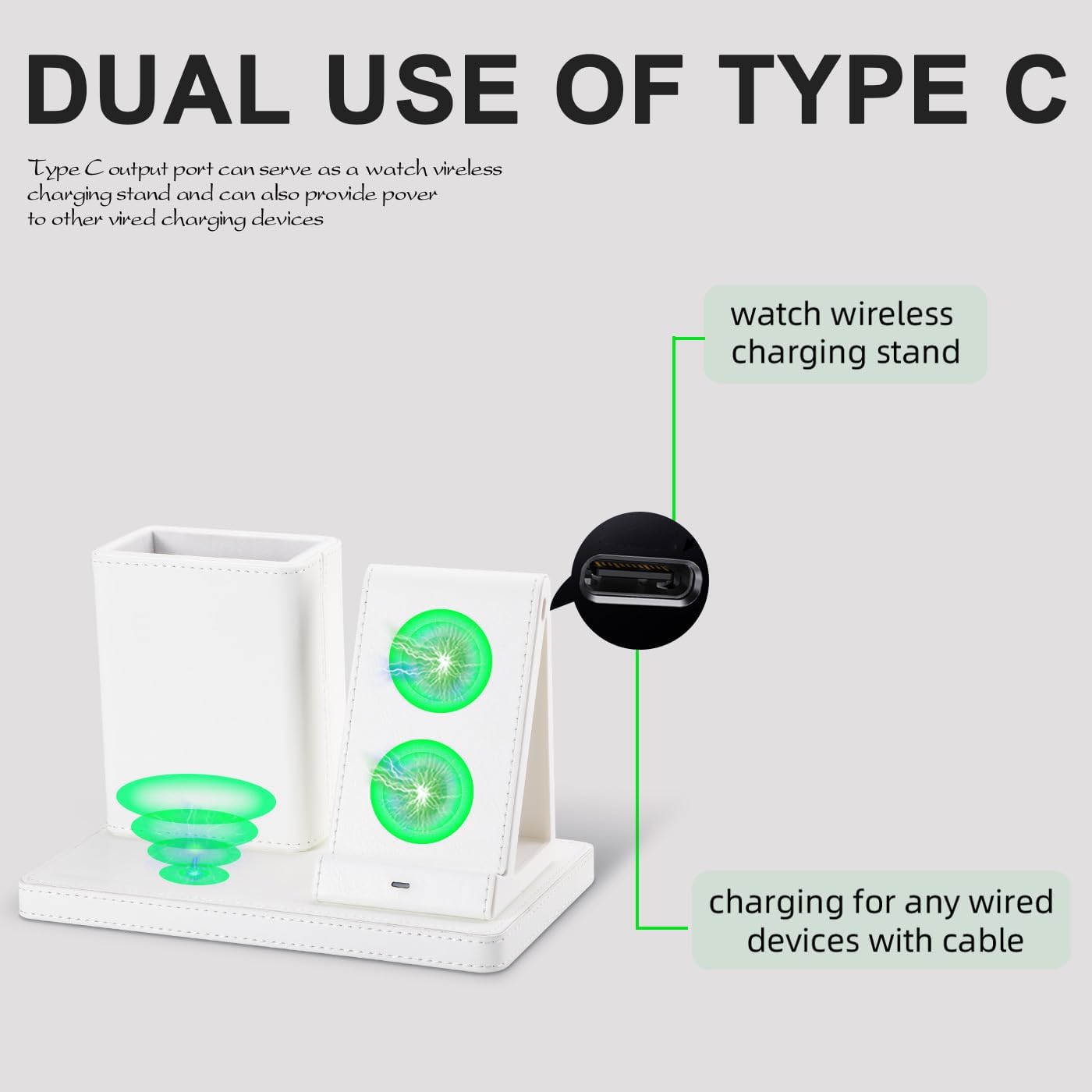 LADSTAG White Leather Pen Holder Desk Organizer with 3-in-1 Wireless Charger for Phone, Earbuds, Watch - Desktop Phone Stand,birthday gifts for women,mom gifts (white)