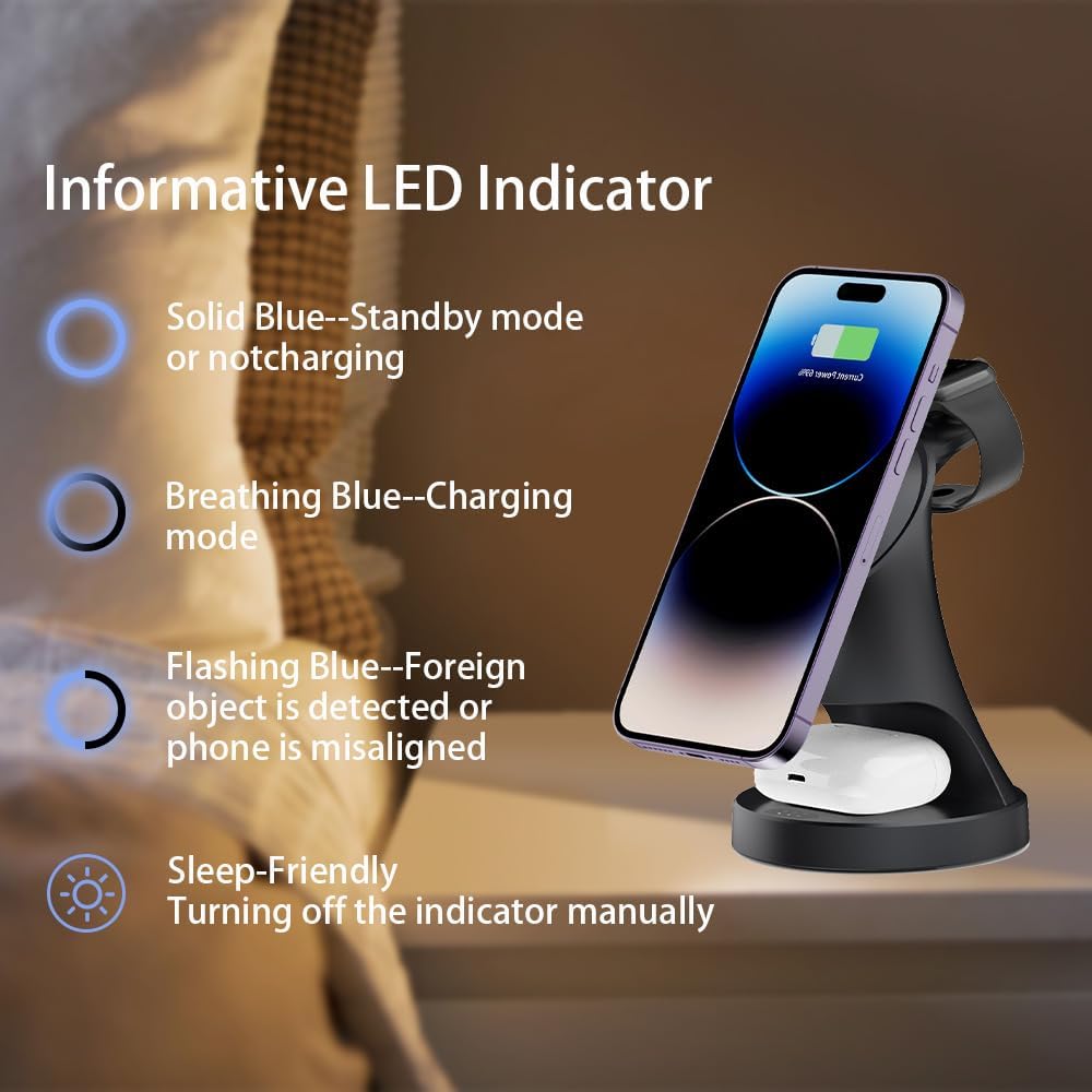 Wireless Charger,3 in 1 Magnetic Wireless Charger Stand, Fast Wireless Charging Dock for iPhone17/16/15/14/13/12 Series, Apple Watch Series, AirPods Pro.
