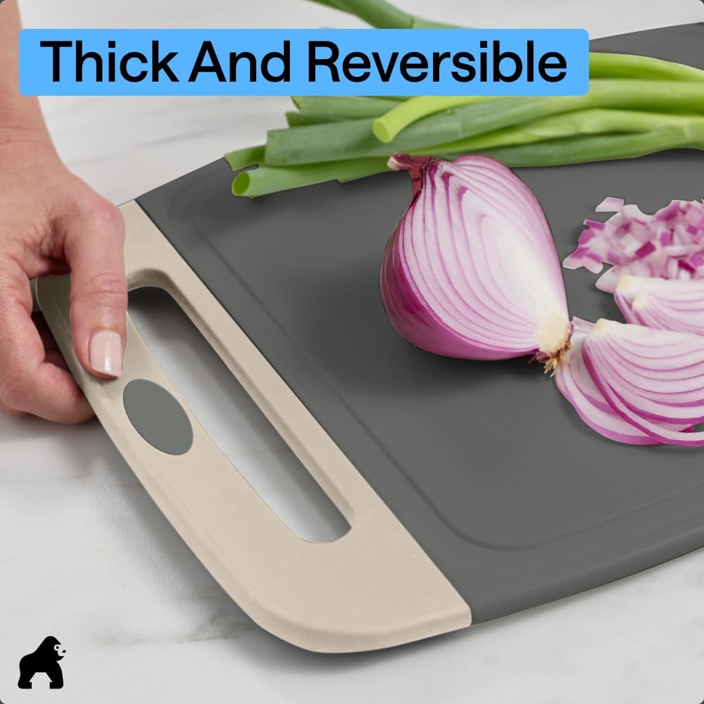 GORILLA GRIP BPA-Free Reversible Kitchen Cutting Board Set of 3, US Designed, Nonporous, Juice Grooves Catch Liquid, Slip Resistant Border, Dishwasher Safe, Durable Food Chopping Boards, Gray Almond