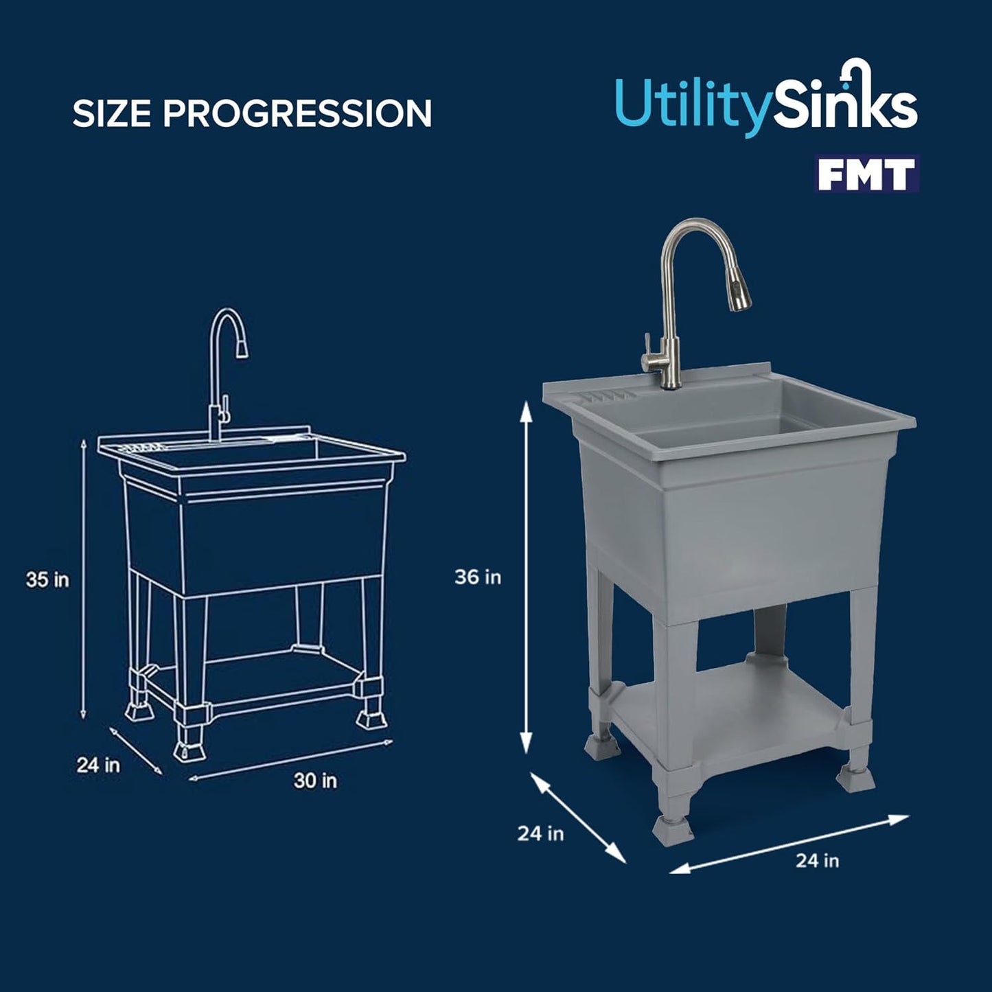 UTILITYSINKS Freestanding Utility Tub Sink with Quick Connect Drain, 24 x 24", Gray - Portable and Compact Sink with Faucet for Outdoor Kitchen, Laundry Room, Garage, and Basement