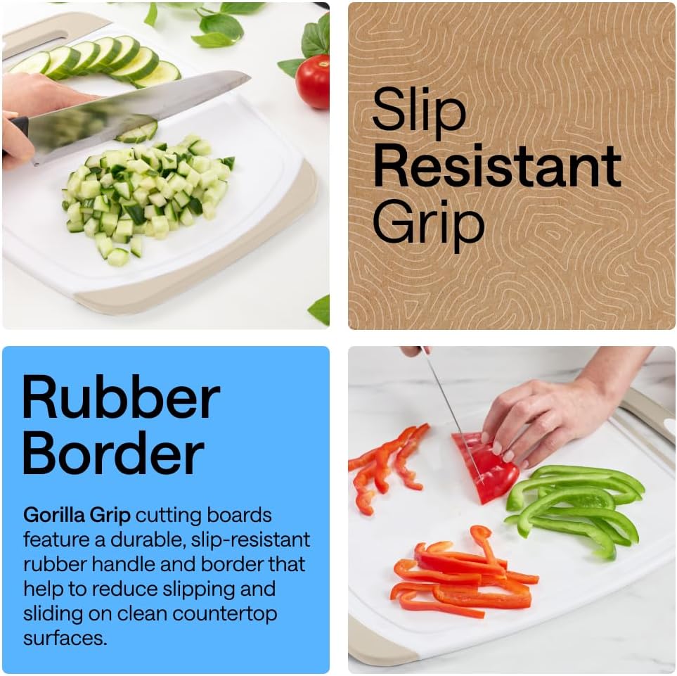 GORILLA GRIP BPA-Free Reversible Kitchen Cutting Board Set of 3, US Designed, Nonporous, Juice Grooves Catch Liquid, Slip Resistant Border, Dishwasher Safe, Durable Large Food Chopping Boards, Almond