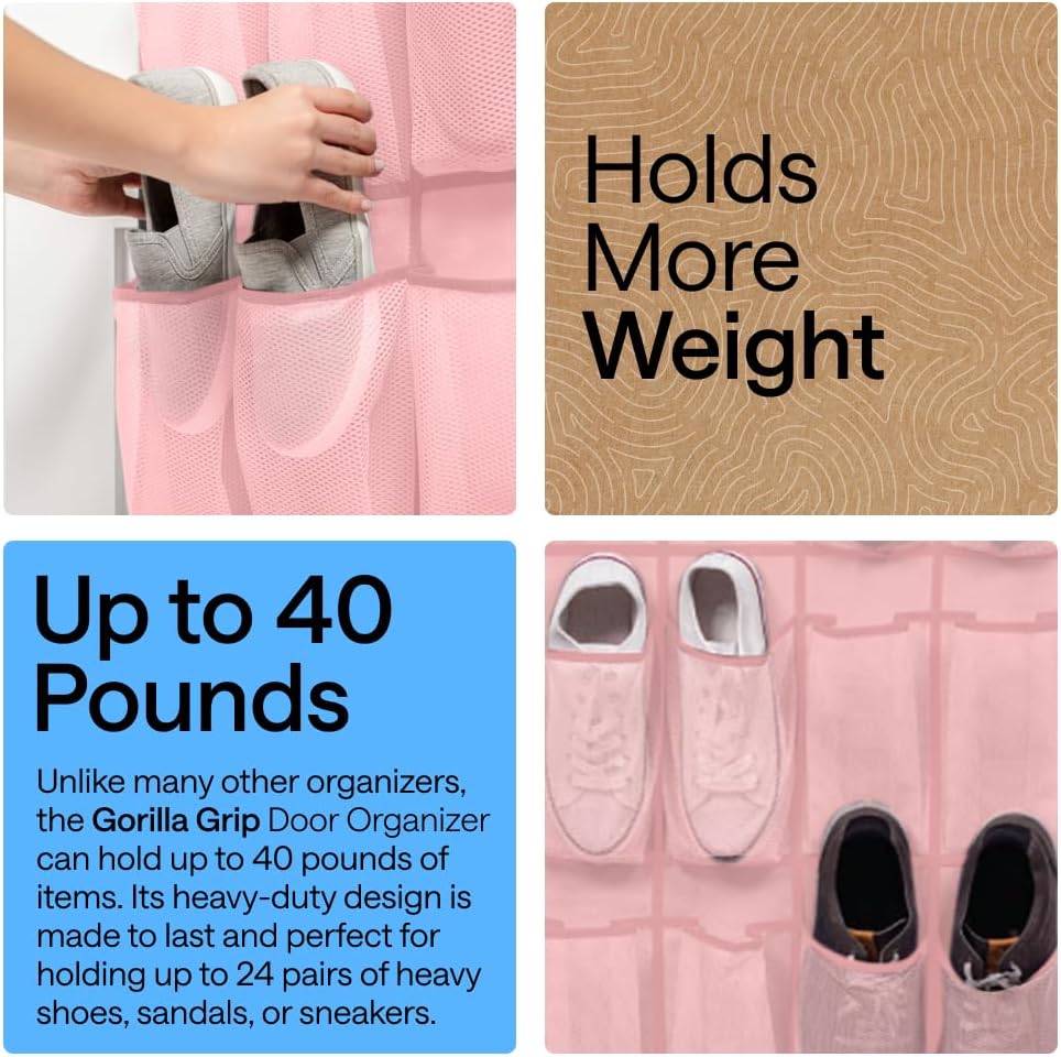 GORILLA GRIP Over the Door Shoe Organizer, 24 Large Breathable Mesh Pockets, Space Saving Hanging Storage Holder, Closet Rack Hanger Holds Up to 40 lbs, Hangs on Closets for Shoes, Accessories, Pink