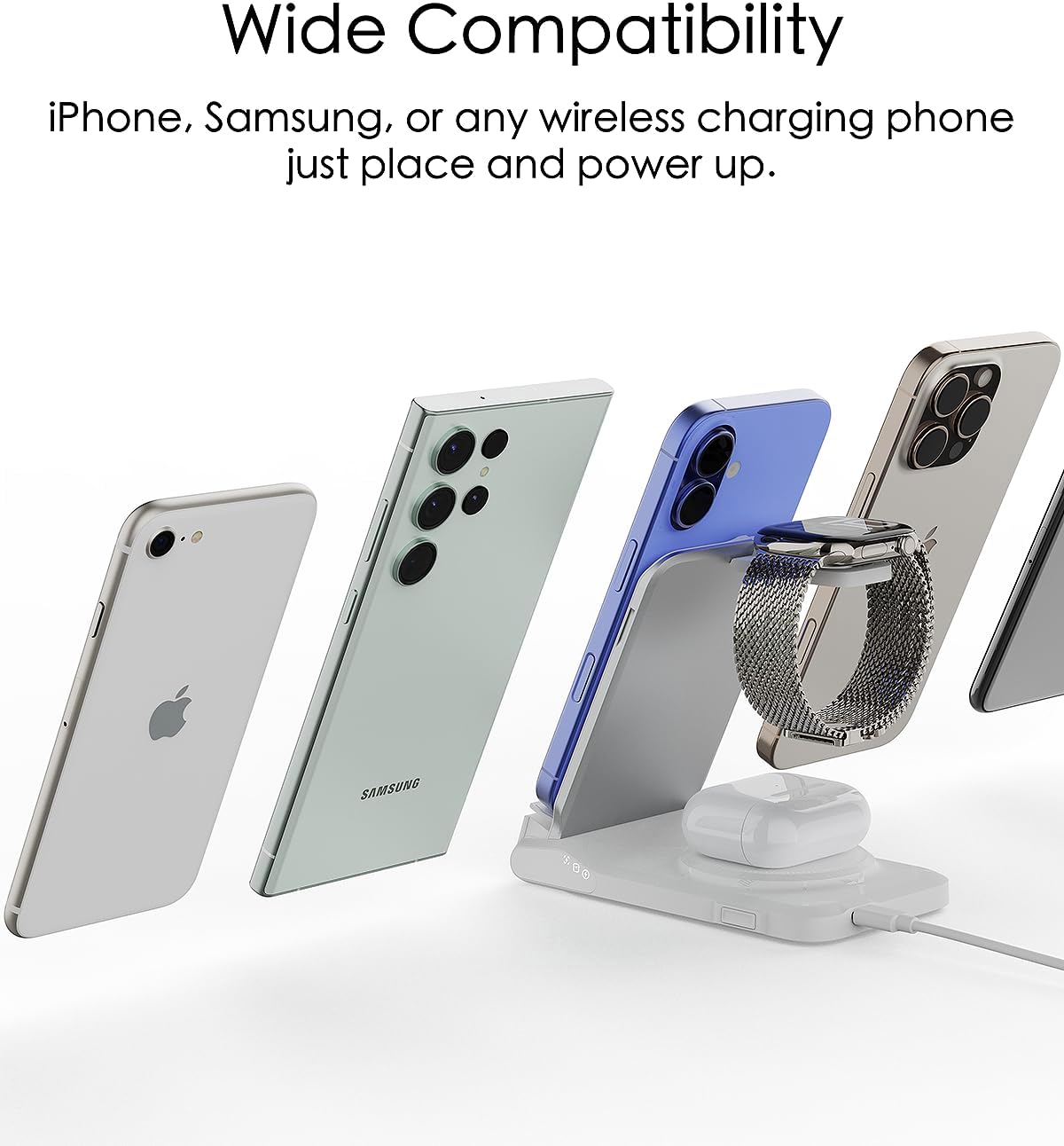 3 in 1 Charging Station for Multiple Devices,Travel Wireless Charging Station, Foldable Charger for iPhone 17 Air 16 15 14 13 12 Series,& Android Phone,& iWatch (USB-C Adapter Included)
