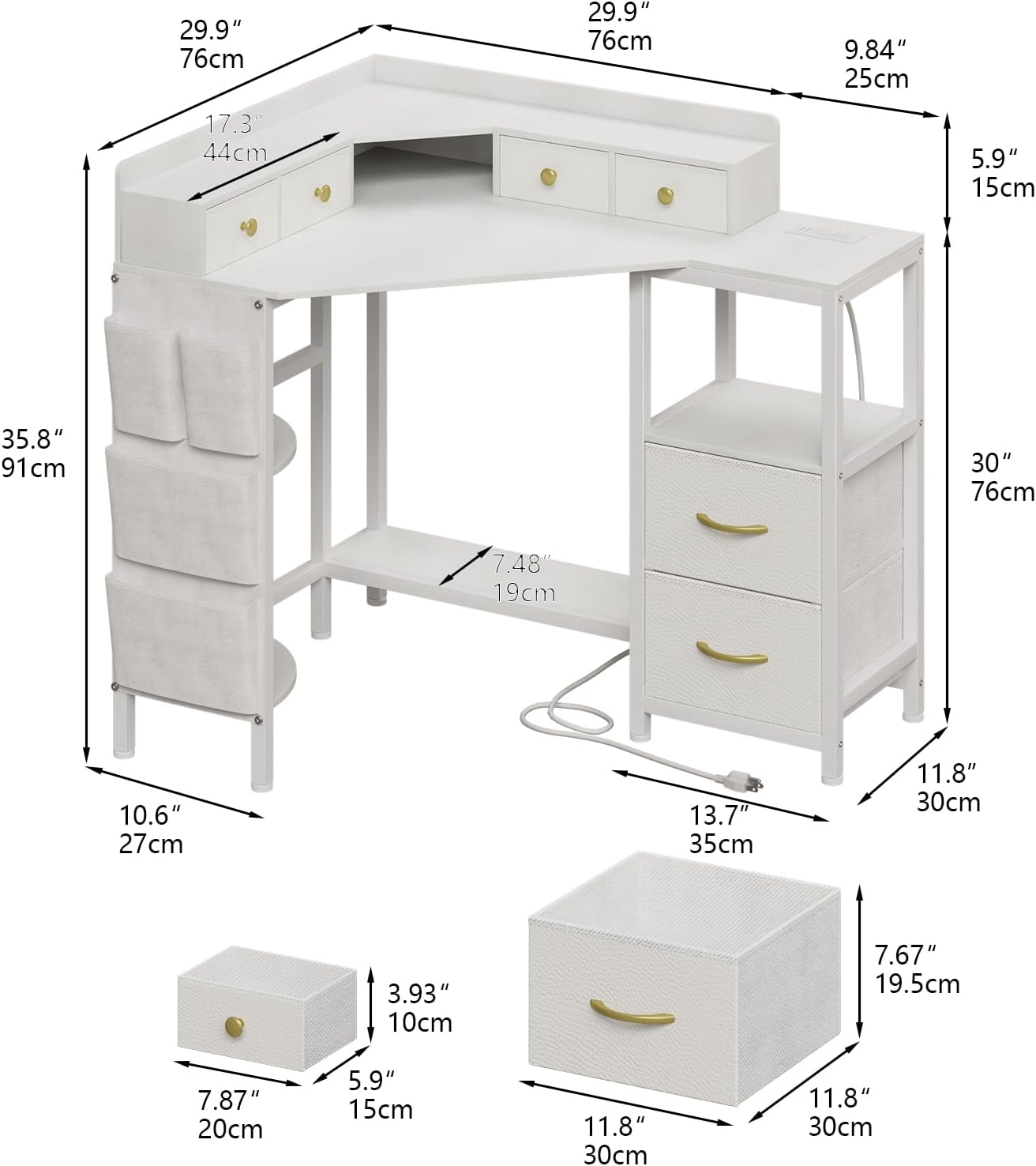 VENNQD Corner Desk with 6 Drawers Shelves for Small Space Computer Desk with Power Outlets,Gaming Desk with Printer Monitor Stand Storage for Home Office Workstation Writing Table (White, 31.5)