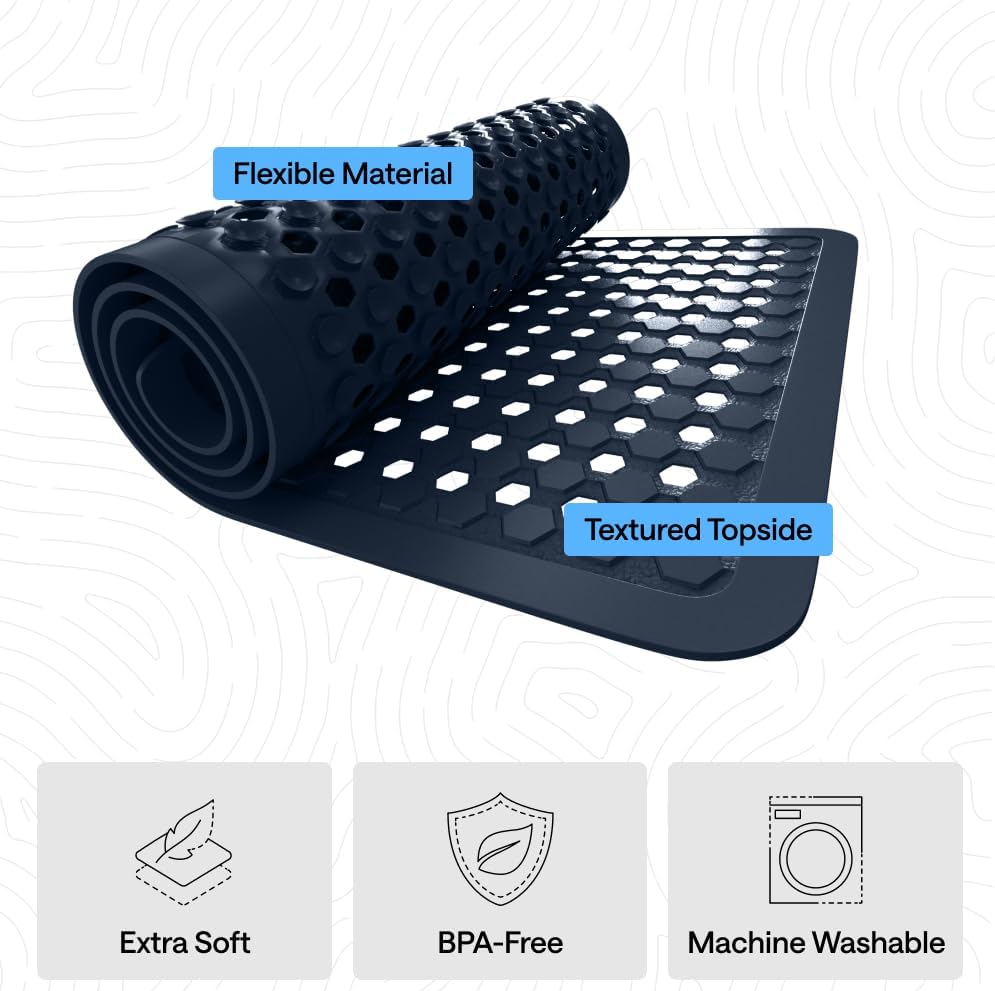 GORILLA GRIP Patented Bath Tub Shower Mat, Machine Washable Bathtub Floor Liner Mats, Suction Cups and Drain Holes to Keep Tubs Clean, Soft on Feet, Bathroom Essentials, 35x16 Inch, Navy Opaque