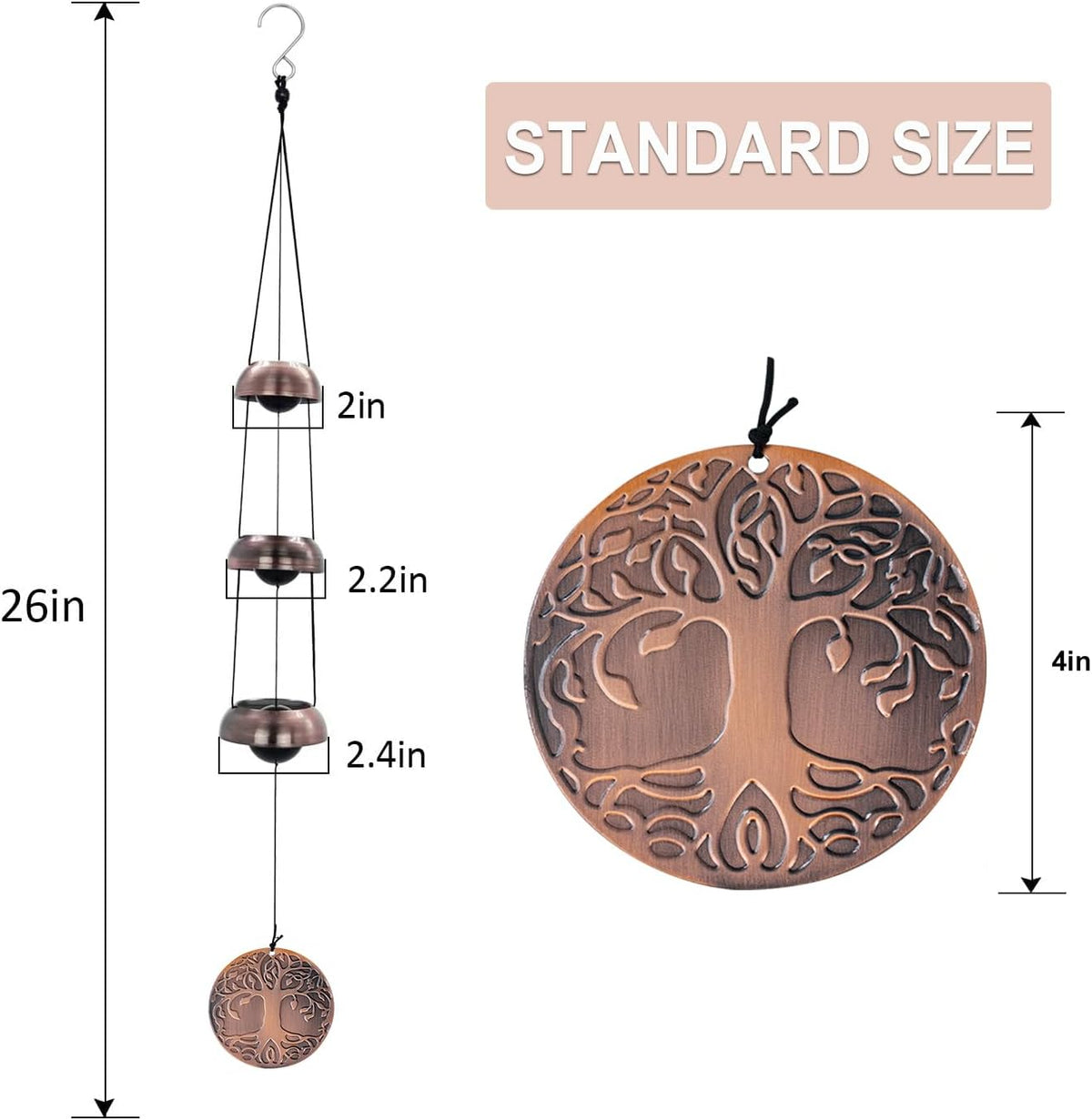 Tree of Life Bell Wind Chimes for Outside, Red Copper Temple