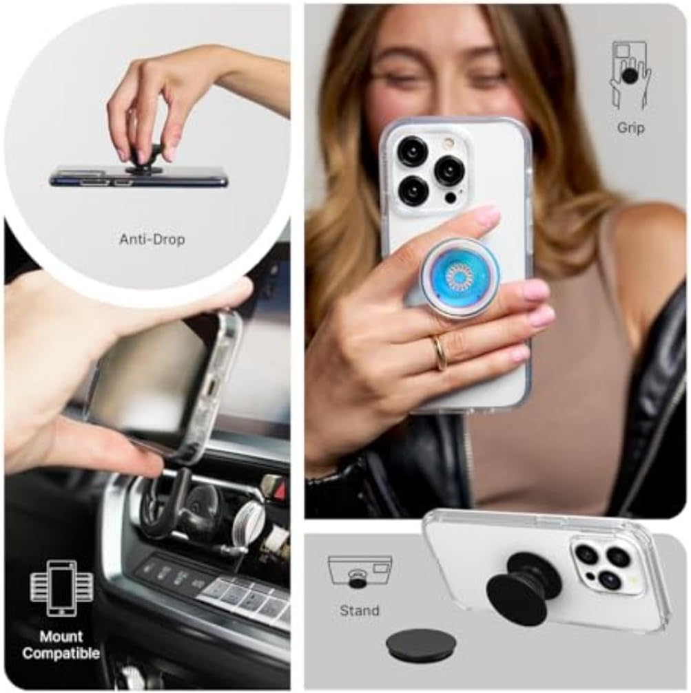 PopSockets Adhesive Phone Grip, Holder, Phone Stand, Kindle - Clear Glitter Silver