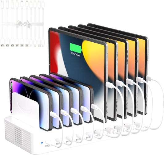 100W Charging Station for Multiple Devices, 10-Port USB Fast Charger, White | with Adjustable Dividers & 10 Cables- Multi Device Organizer Charging Dock for iPhone, iPad, Tablets & More