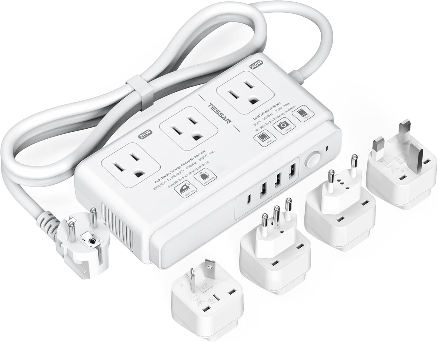 220V to 110V Voltage Converter, TESSAN Universal Travel Adapter with 4 USB Charger (1 USB C), 3 AC Sockets and EU/UK/AU/IT Plug Power Adaptor, Step Down Transformer Outlet-Not for Hair Dryers