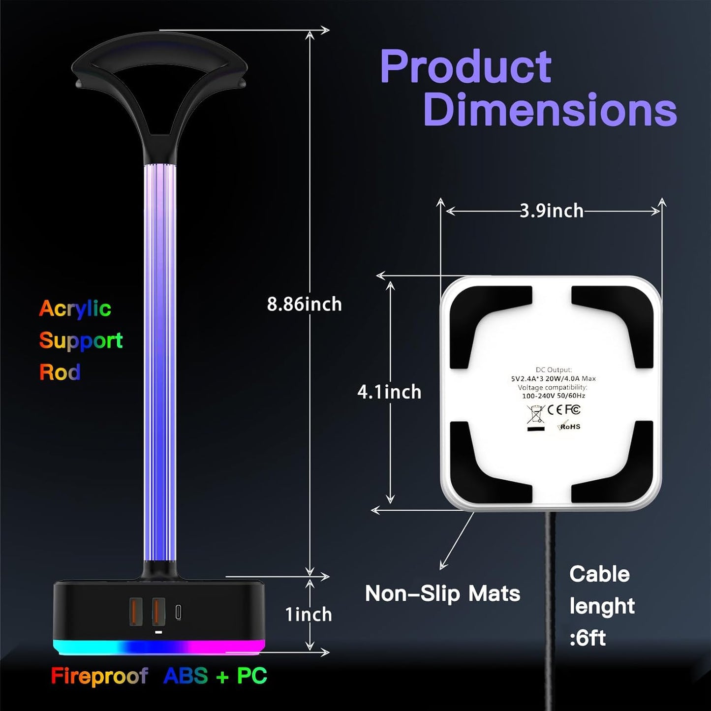 cozoo RGB Headphone Stand with Charger 3 USB Ports and 2 AC Outlets,2 USB-A 1 Type C,Desk Gaming Headset Holder with 9 Light Modes,PC Gaming Desk Accessories,Gamer Gifts,RGB Gaming Stuff Headset Stand