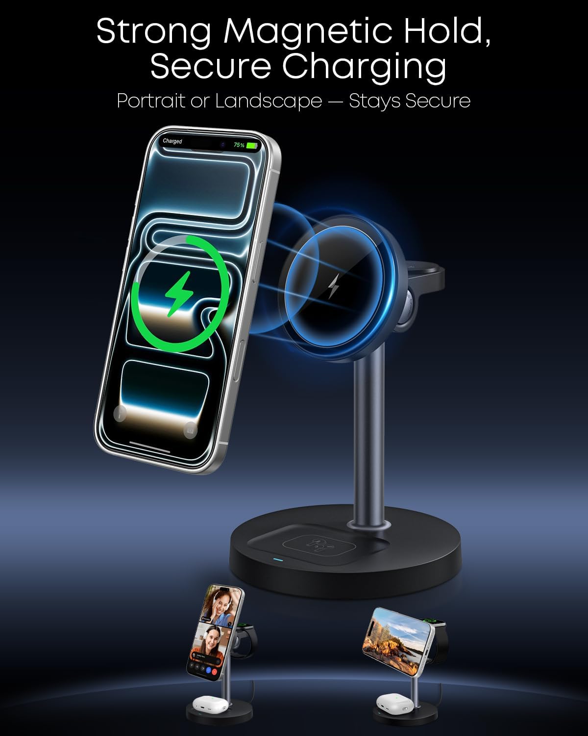 3 in 1 Magnetic Wireless Charging Station, 15W Charger for iPhone, Black | Compatible with iPhone 12-17 Series, Apple Watch & AirPods, Charges 3 Devices Together, 18W Adapter Included, 3-Year Warranty