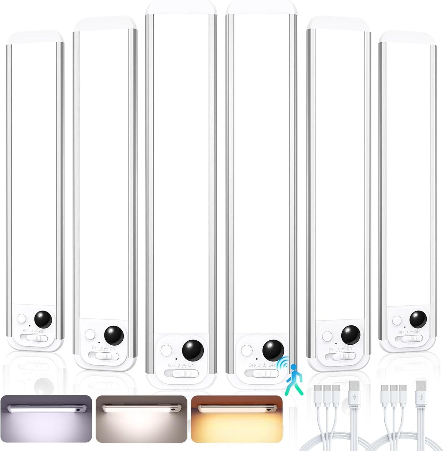 RUIKORING 8.5" Under Cabinet Lighting 6 Pack, 3 Colors, Motion Sensor Light Indoor,48 LED Rechargeable Closet Lights, Dimmable Under Counter Lights, Stick-On Magnetic Cabinet Night Lights for Kitchen