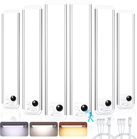 RUIKORING 8.5" Under Cabinet Lighting 6 Pack, 3 Colors, Motion Sensor Light Indoor,48 LED Rechargeable Closet Lights, Dimmable Under Counter Lights, Stick-On Magnetic Cabinet Night Lights for Kitchen